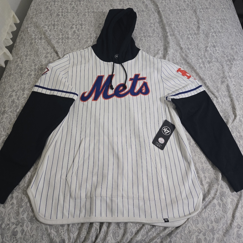 Men's New York Mets '47 White Pinstripe Double Header Collection Pullover Hoodie